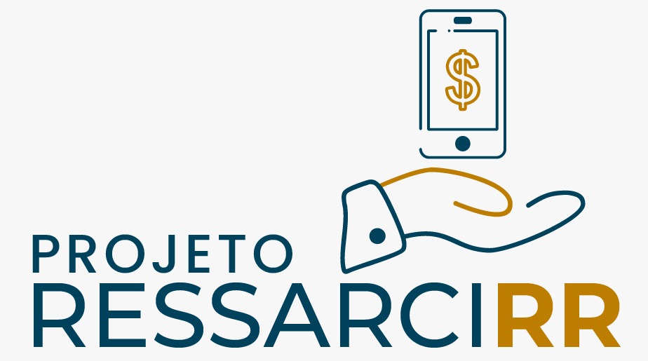 Imagem ilustrativa mostra a logo do Projeto RessarciRR com uma mão segurando um celular com um cifrão no meio