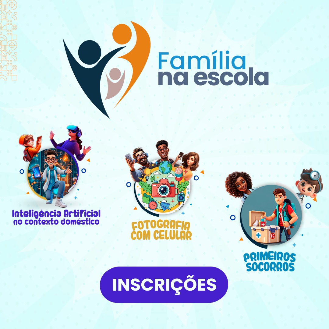 Imagem colorida mostra banner de diulgação do projeto da Escola Judicial de Roraima (EJURR), Família na Escola. No banner tem imagens de três famílias distintas e interagindo.