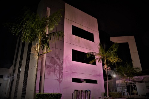 Foto do lado externo do Palácio da Justiça iluminado com a cor lilás.