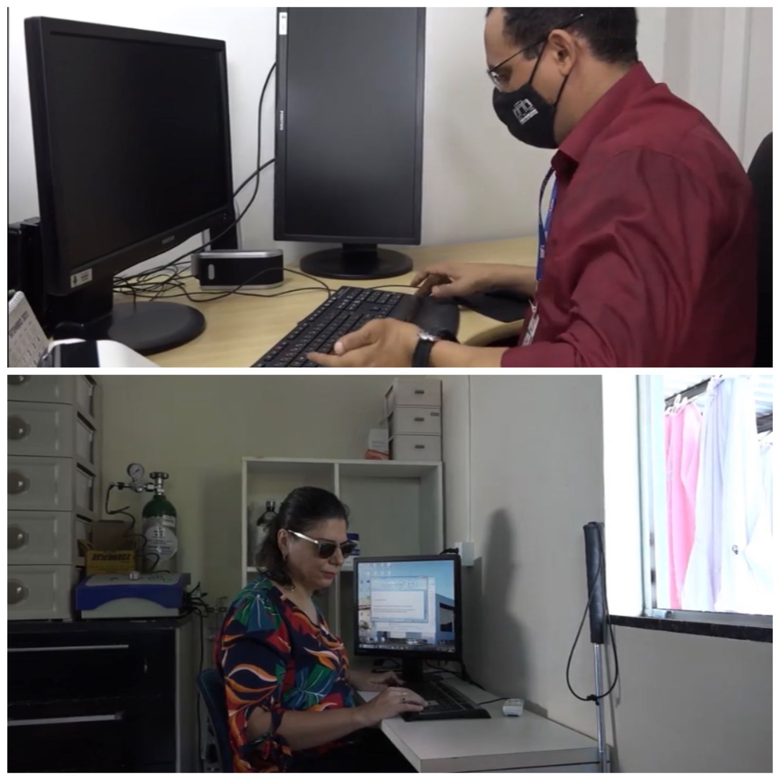 Hamilton Silva, servidor com deficiência física, e Vera Sábio, servidor com deficiência visual, ambos trabalhando em frente aos seus computadores