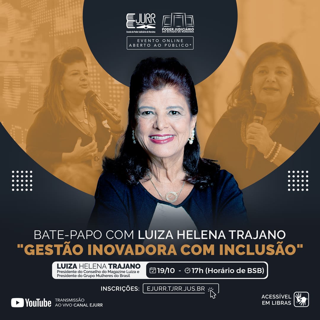 Banner da live do bate papo com a luiza Helena Trajano com o tema Gestão Inovadora com Inclusão com a imagem de plano de fundo da Luiza Helena sorrindo. 