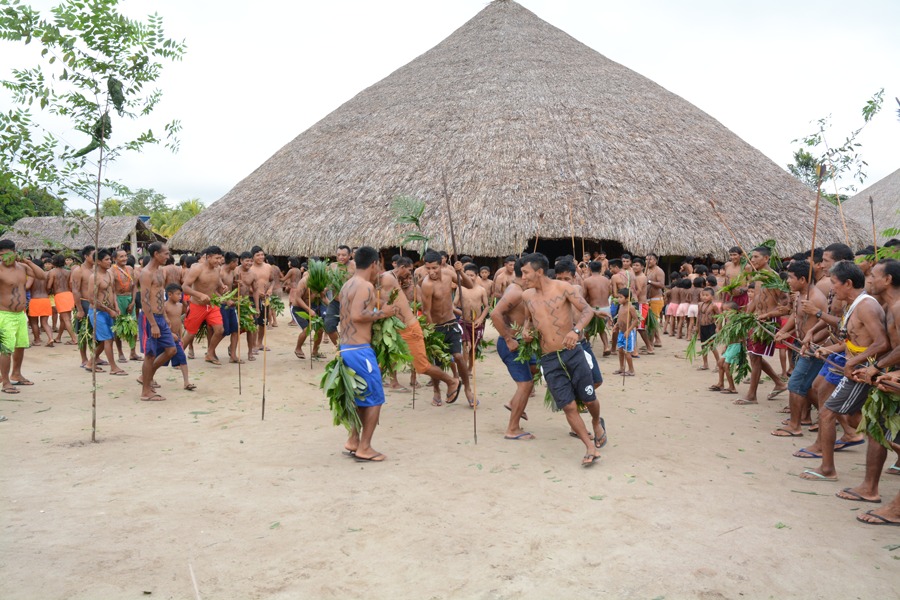 Imagem dos homens  indígenas da Comunidade Waimiri Atroari em dança cultural na frente do malocão da comunidade.