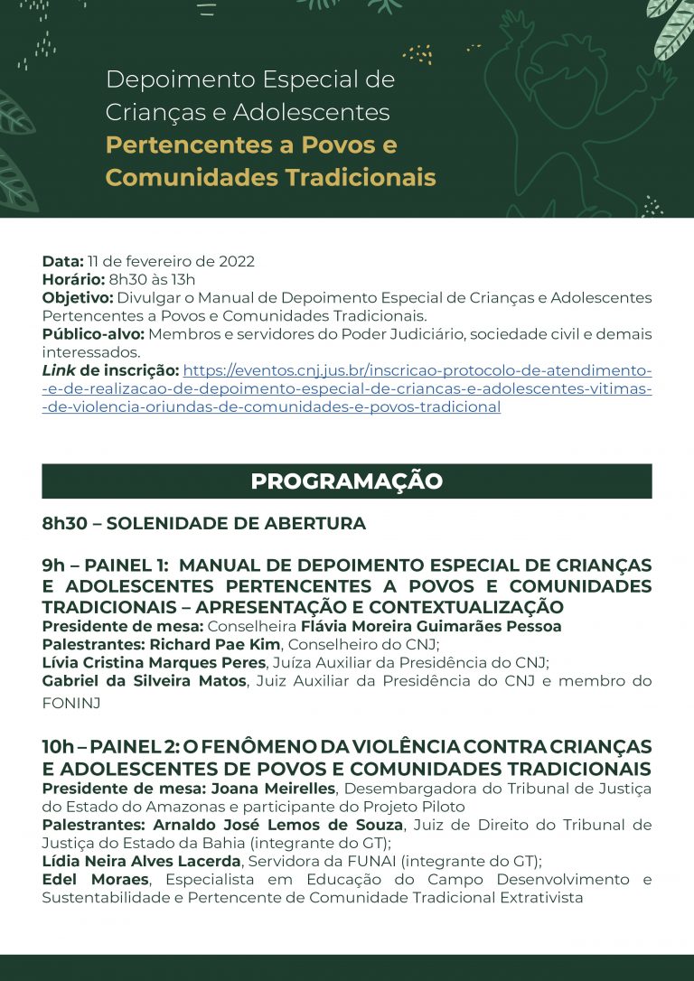 Imagem colorida ilustrativa mostra a programação do “Depoimento Especial de Crianças e Adolescentes Pertencentes a Povos e Comunidades Tradicionais”.