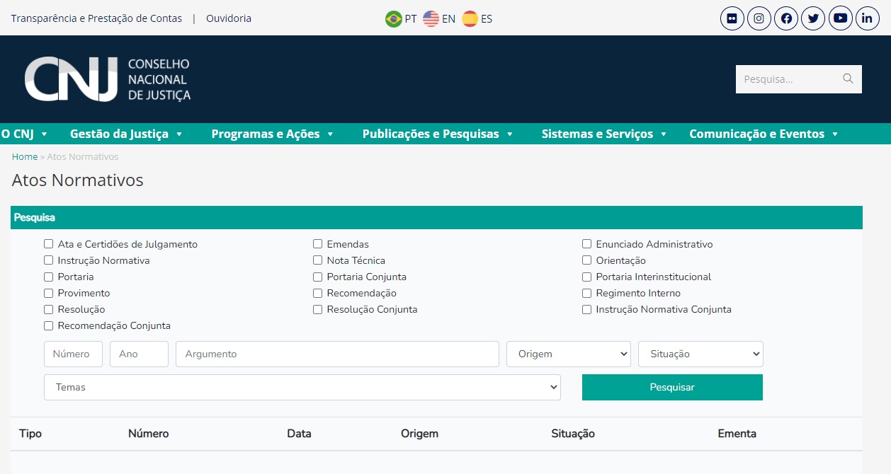  Imagem colorida do print da tela inicial do site do Conselho Nacional de Justiça, na aba de Atos Normativos.  