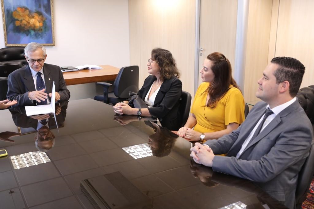 Imagem colorida contém a juíza Lana Leitão Martins, do TJRR, o secretário-geral, Felipe Queiroz, a servidora Olane Matos, sentados em mesa de reunião com o primeiro Vice-Presidente do Tribunal de Justiça do Distrito Federal e Territórios, Desembargador Angelo Passareli.