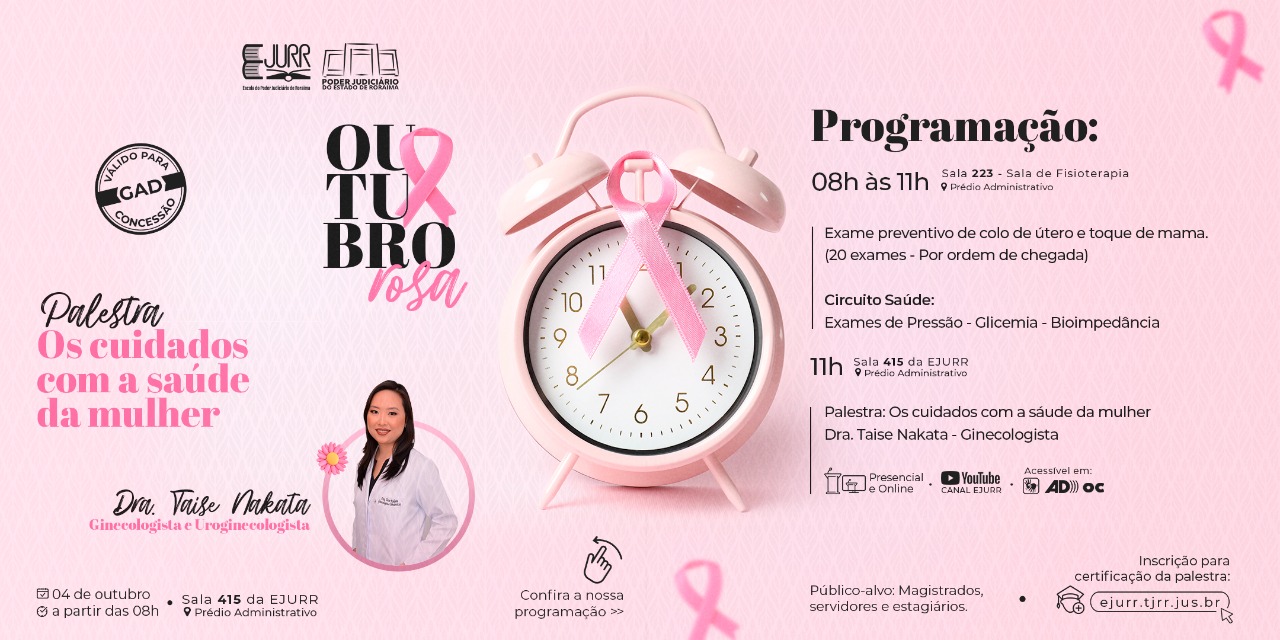 Imagem colorida do banner de divulgação da programação do Outubro Rosa do Tribunal de Justiça do Estado de Roraima.