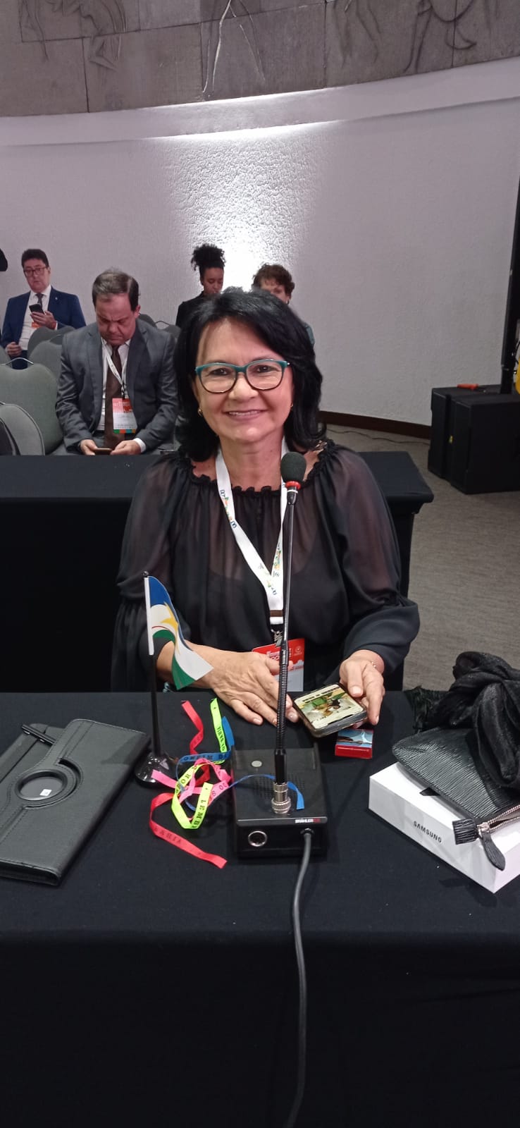 Imagem colorida mostra a desembargadora Tânia Vasconcelos sentada atrás de uma bancada Sob a bancada estão um microfone, uma mini bandeira do Estado de Roraima, um tablet e 4 fitas coloridas.