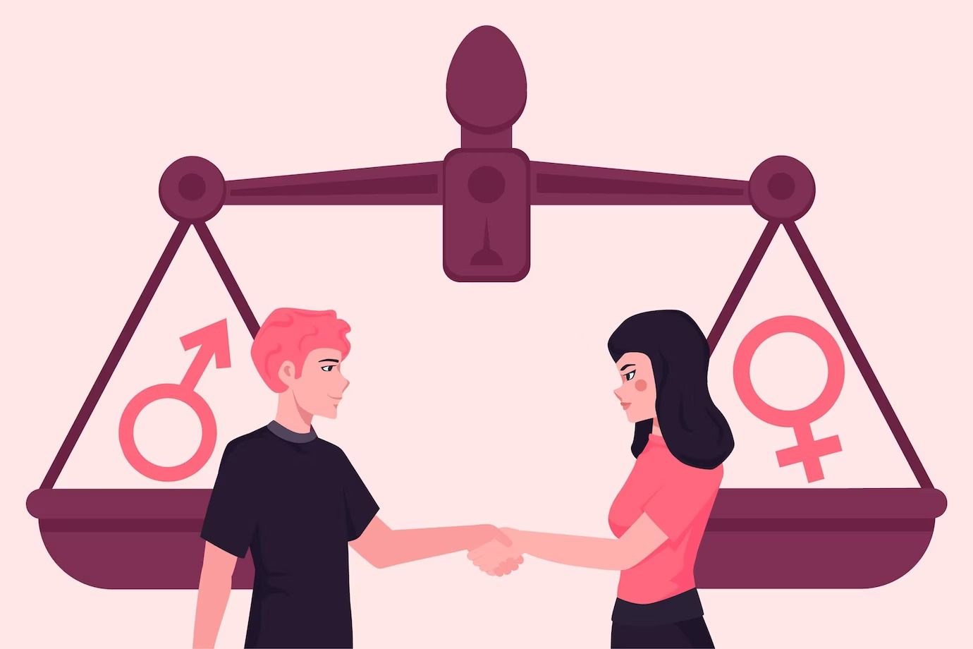 Imagem ilustrativa com funda rosa simula uma balança de dois pratos com os símbolos do gênero feminino e masculino colocados um em cada lado. No centro a imagem de um homem e uma mulher se comprimentando com um aperto de mãos.