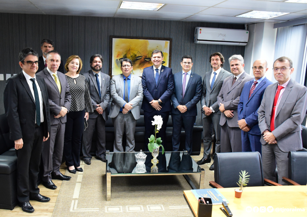 foto colorida mostra mostra desembargadores Ricardo Oliveira, Almiro Padilha, Elaine Bianchi, Erick Linhares e o juiz convocado Luiz Fernando Mallet, o presidente do TJRR, desembargador Jésus Nascimento, o Conselheiro do Conselho Nacional de Justiça, Marcello Terto e Silva e do Presidente da Associação Nacional dos Procuradores dos Estados e do Distrito Federal, Vicente Martins Prata Braga, além de membros da Procuradoria do Estado de Roraima.  Todos estão de pé, posando para foto na sala da presidência do Poder Judiciário de Roraima. Abaixo está o texto “VISITA INSTITUCIONAL. Presidente do TJRR recebe Conselheiro do CNJ e presidente da  Associação Nacional dos Procuradores”.
