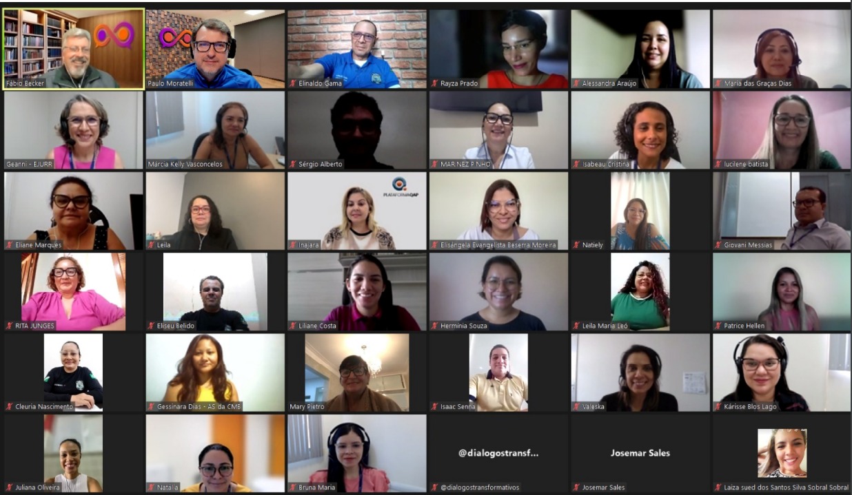 Imagem colorida mostra a captura de tela com cerca de 36 pessoas em uma sala virtual participando do 2º curso de Formação de Facilitadores.