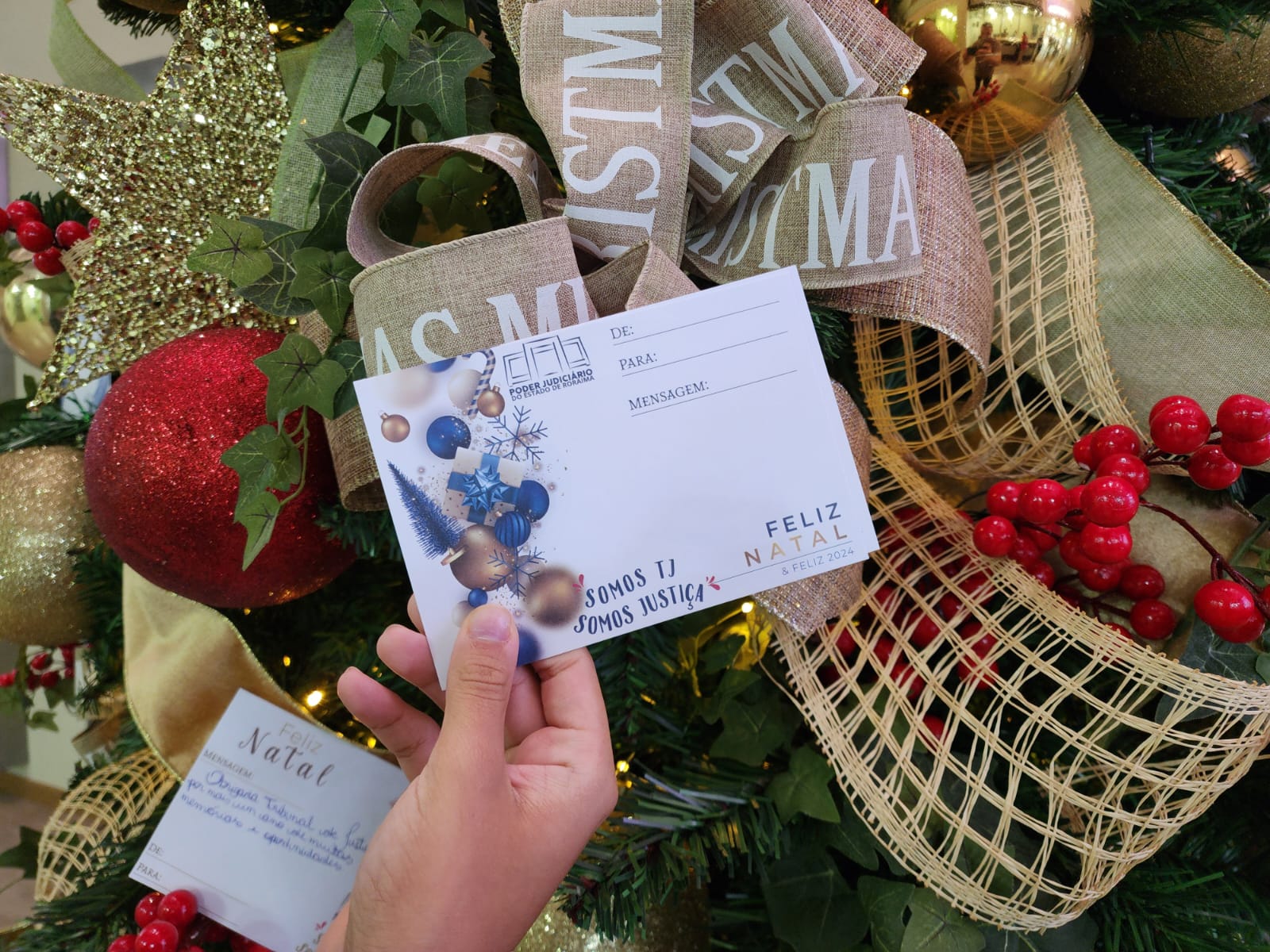 foto colorida de uma pessoa segurando o cartão de natal disponível na arvore de natal