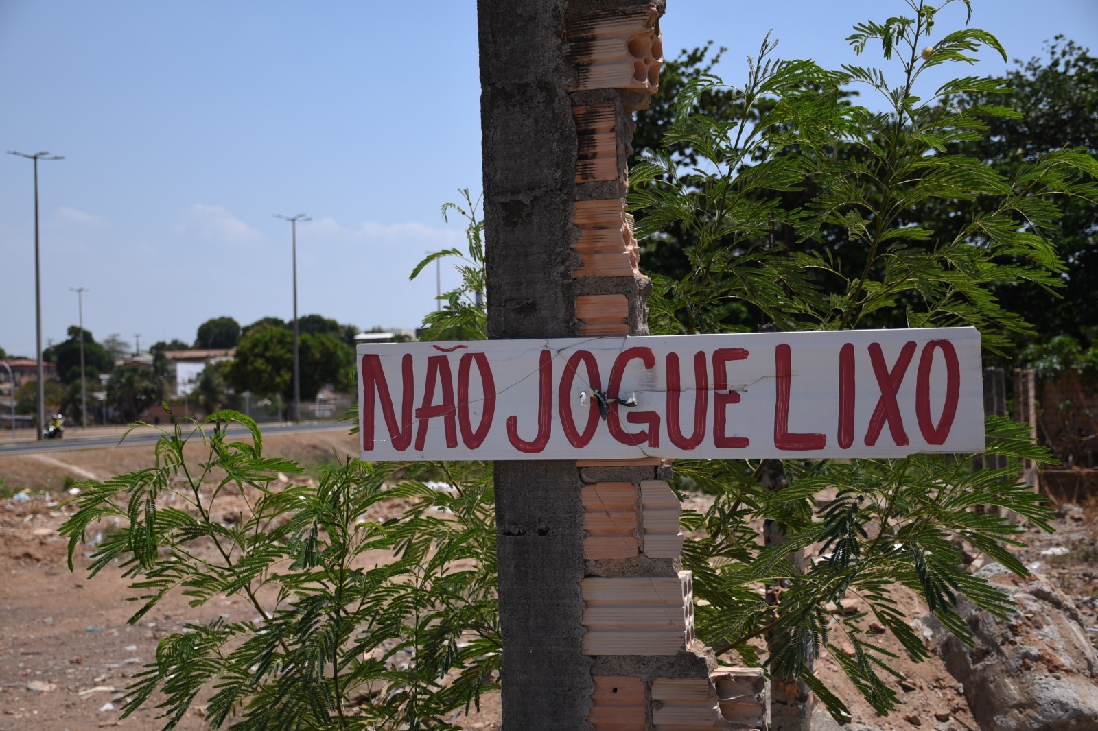 Foto colorida mostrando uma placa com os dizeres "Não Jogue Lixo"