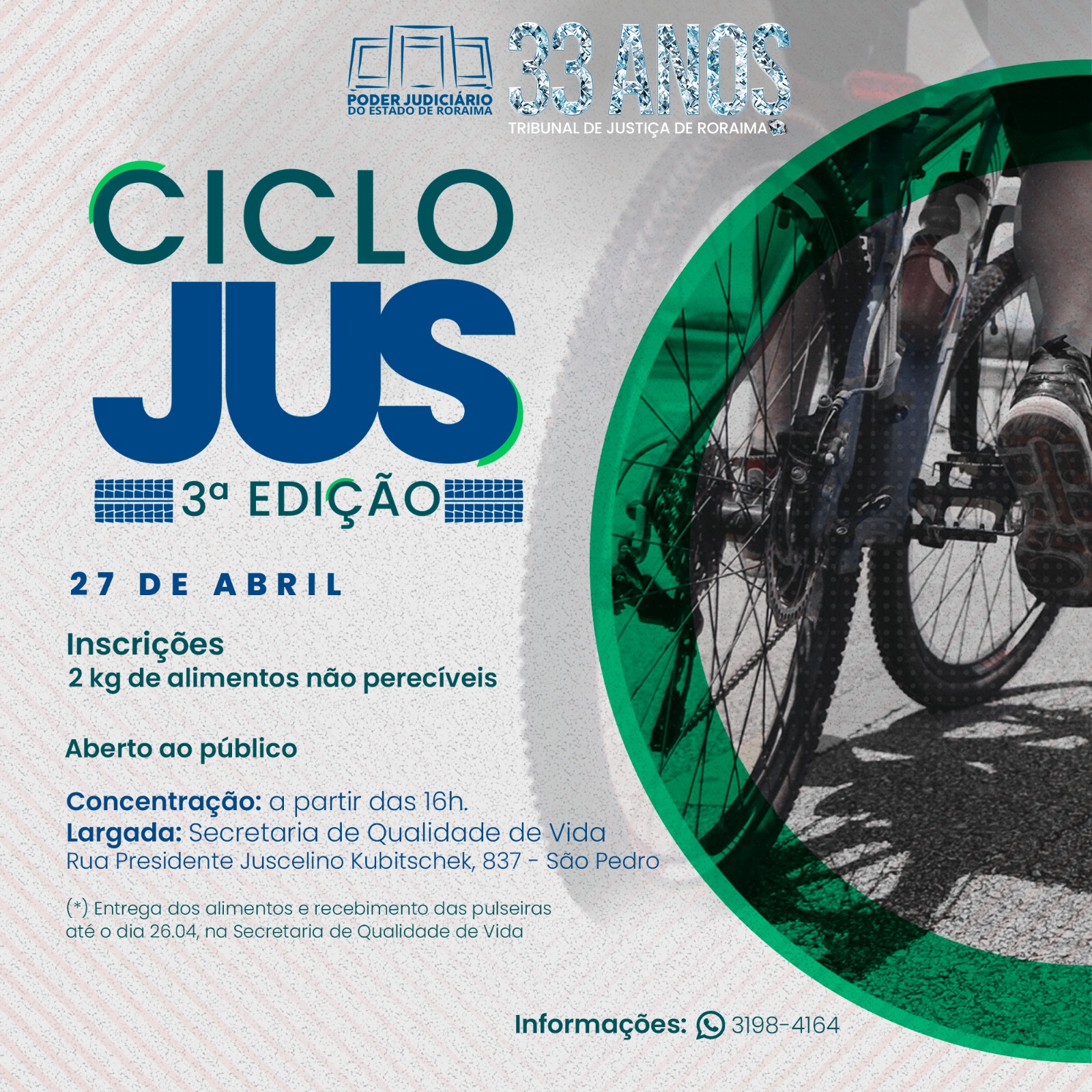 Foto colorida de um cartaz anunciando o evento "CicloJus - 3ª Edição".O cartaz destaca informações como a data, 27 de abril, e as inscrições, que requerem 2 kg de alimentos não perecíveis.Há também uma imagem parcial de uma bicicleta, destacando a roda e os pedais, compondo o design