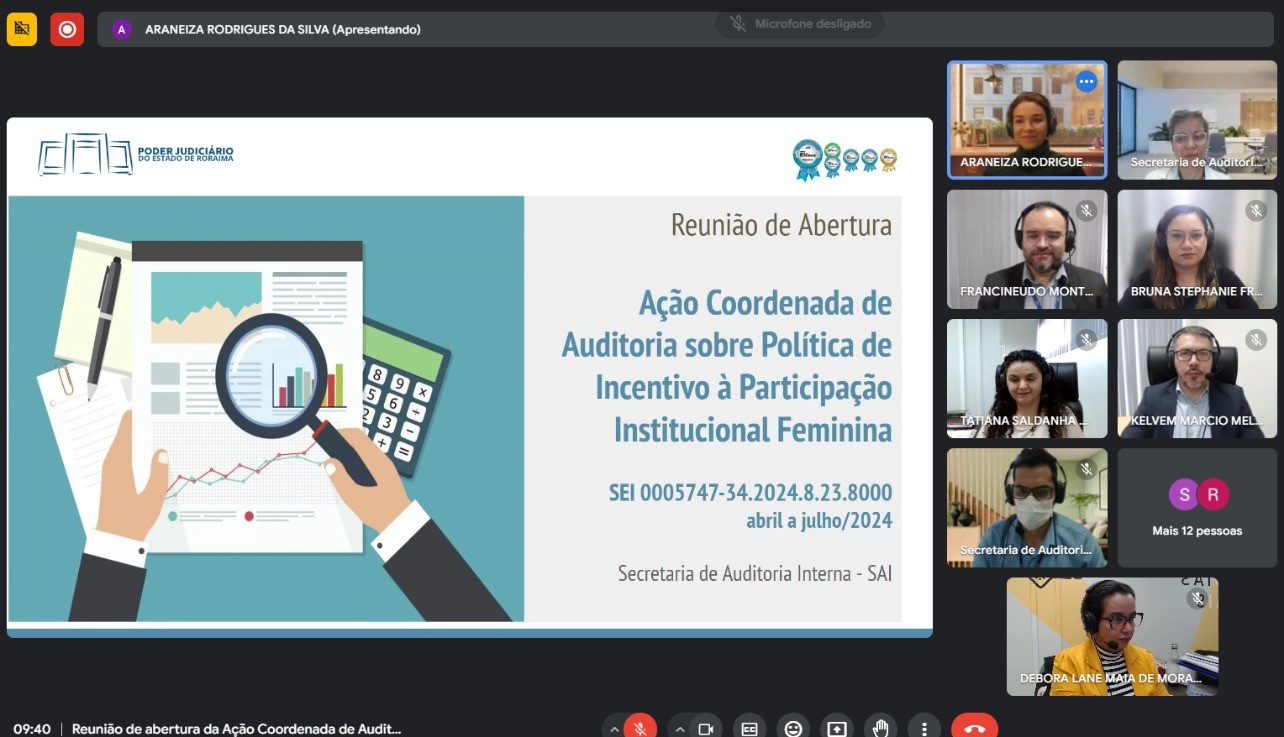 Imagem colorida mostra uma reunião no google meet sobre auditoria interna. Na imagem é possível ver 8 pessoas