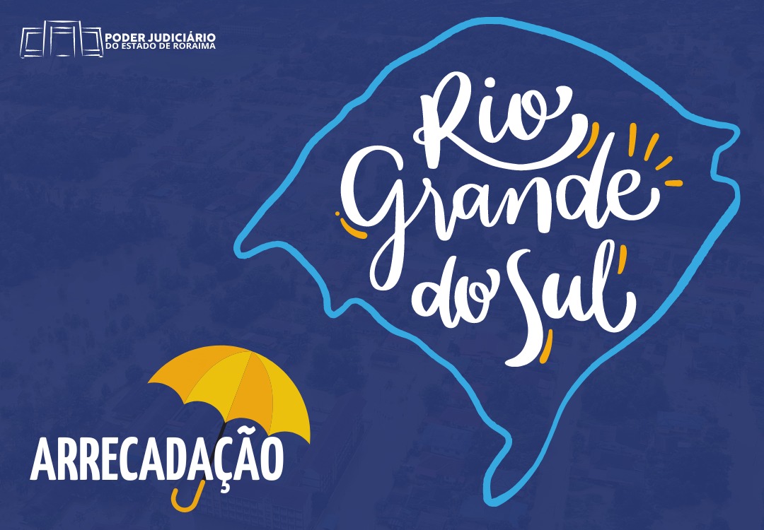foto colorida mostra card de fundo azul , com uma frase ' Rio Grande do Sul ' e uma otra frase no canto inferior escrito '' Arrecadação'