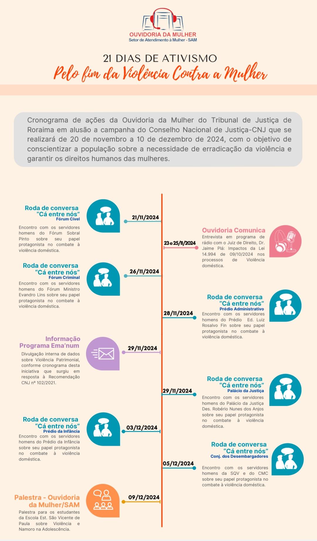 Card colorido mostra a programação da campanha de 21 dias de ativismo pelo fim da violência contra a mulher