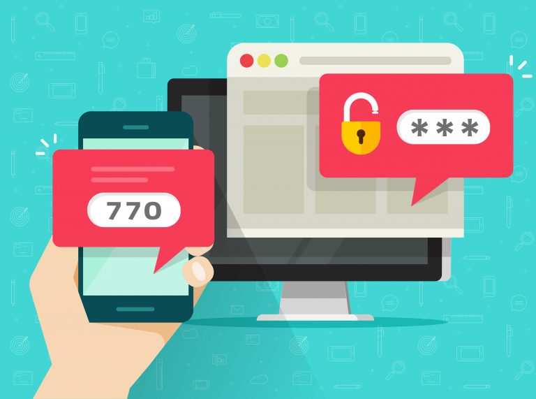 Imagem ilustrativa mostra a uma mão segurando um celular com um código, ao fundo um computador com um pop-up de senha