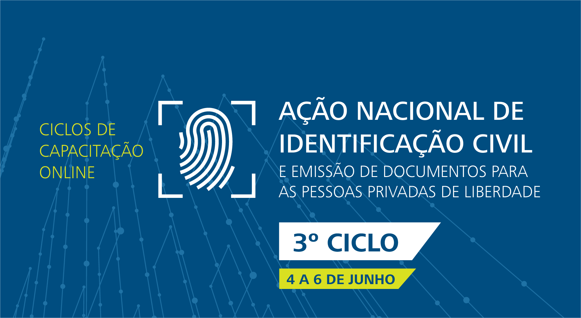 Imagem colorida mostrando a logo de um evento. O banner contém o texto: Ciclos de Capacitação online: Ação Nacional de Identificação Civil e Emissão de documentos para as pessoas privadas de liberdade. 3º Ciclo. 4a 5 de junho