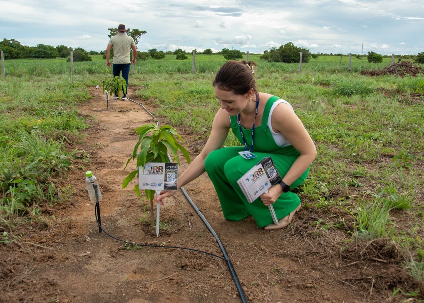 Foto colorida mostra uma mulher ajoelhada em uma área verde, identificando uma muda plantada em uma trilha de terra. Ela segura placas do projeto “TJRR Sustentável”. Ao fundo, um homem caminha pelo espaço, onde há outras mudas, grama e cerca. Foto colorida mostra uma mulher ajoelhada em uma área verde, identificando uma muda plantada em uma trilha de terra. Ela segura placas do projeto “TJRR Sustentável”. Ao fundo, um homem caminha pelo espaço, onde há outras mudas, grama e cerca.