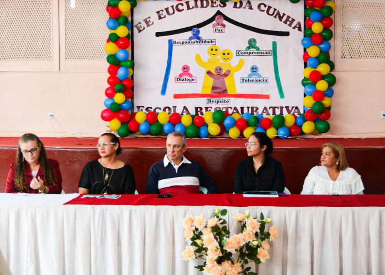 Foto colorida mostra integrantes de uma mesa de abertura em evento sobre Justiça Restaurativa. Ao fundo, há um painel decorado com balões coloridos e palavras como responsabilidade, diálogo, respeito, compreensão e tolerância.