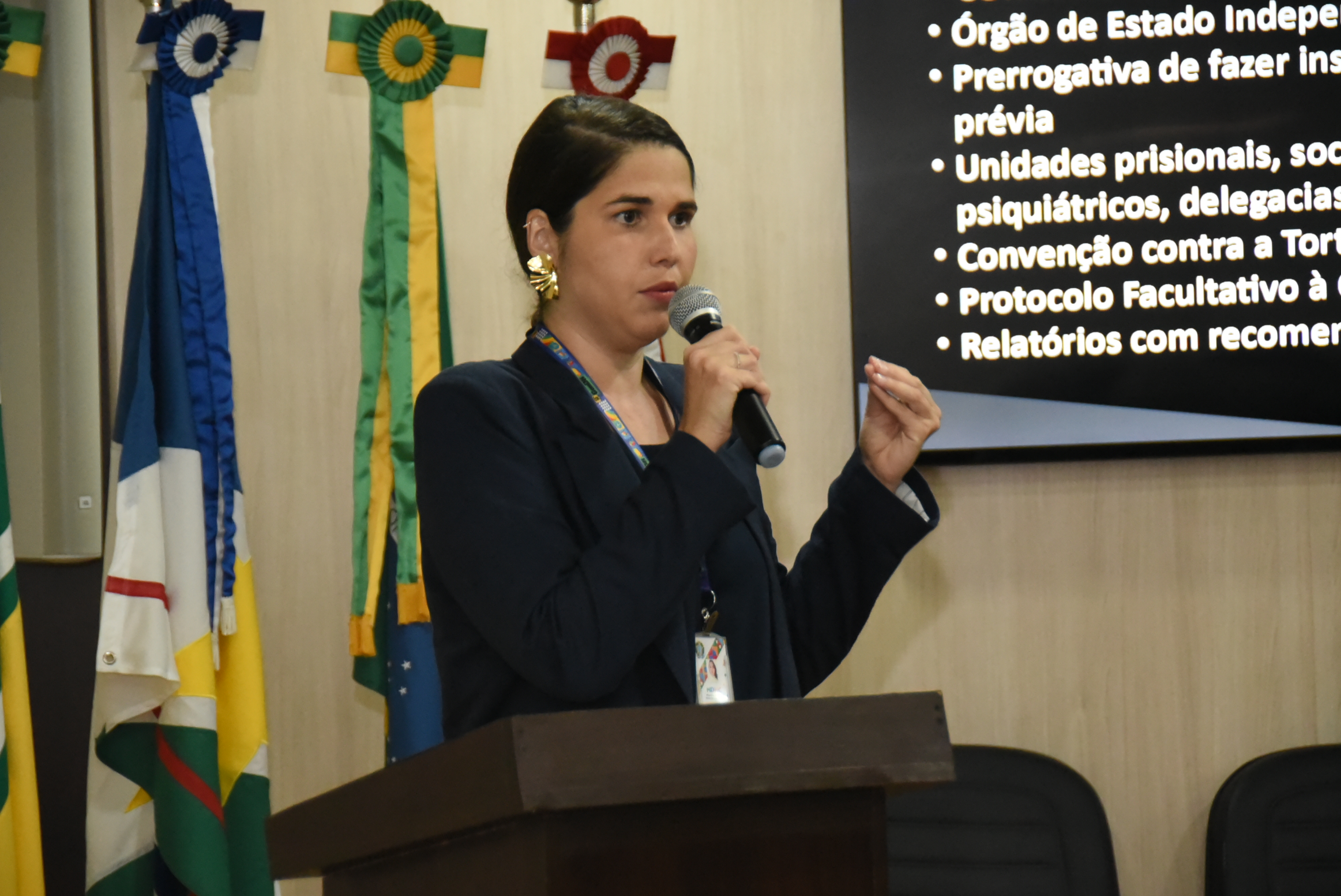 A coordenadora-geral do MNPCT, Camila Antero, fala ao microfone durante a apresentação do relatório. Ela está em pé, em frente à bancada do plenário, com bandeiras ao fundo e uma tela exibindo tópicos sobre inspeções, unidades prisionais e prevenção à tortura.