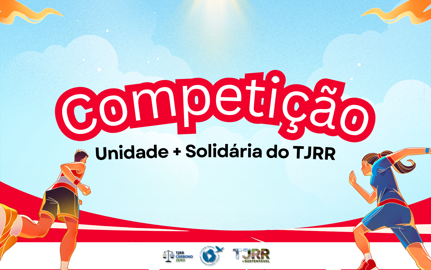 Imagem colorida mostra um banner de divulgação da competição unidade mais solidária do TJRR. No banner contém dois vetores de pessoas simulando corrida.  