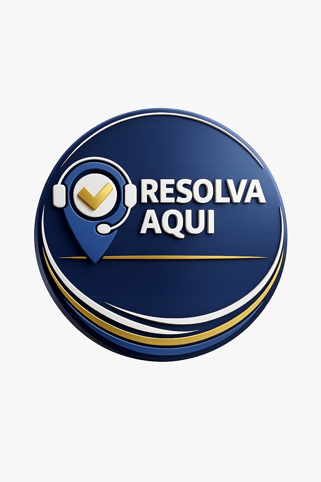 Imagem digital de um logótipo em 3D onde se destaca a tipografia centralizada, tendo ao fundo uma base circular azul escura e, em primeiro plano, a inscrição em relevo "RESOLVA AQUI" acompanhada por um ícone de marcador de localização com fones de ouvido.