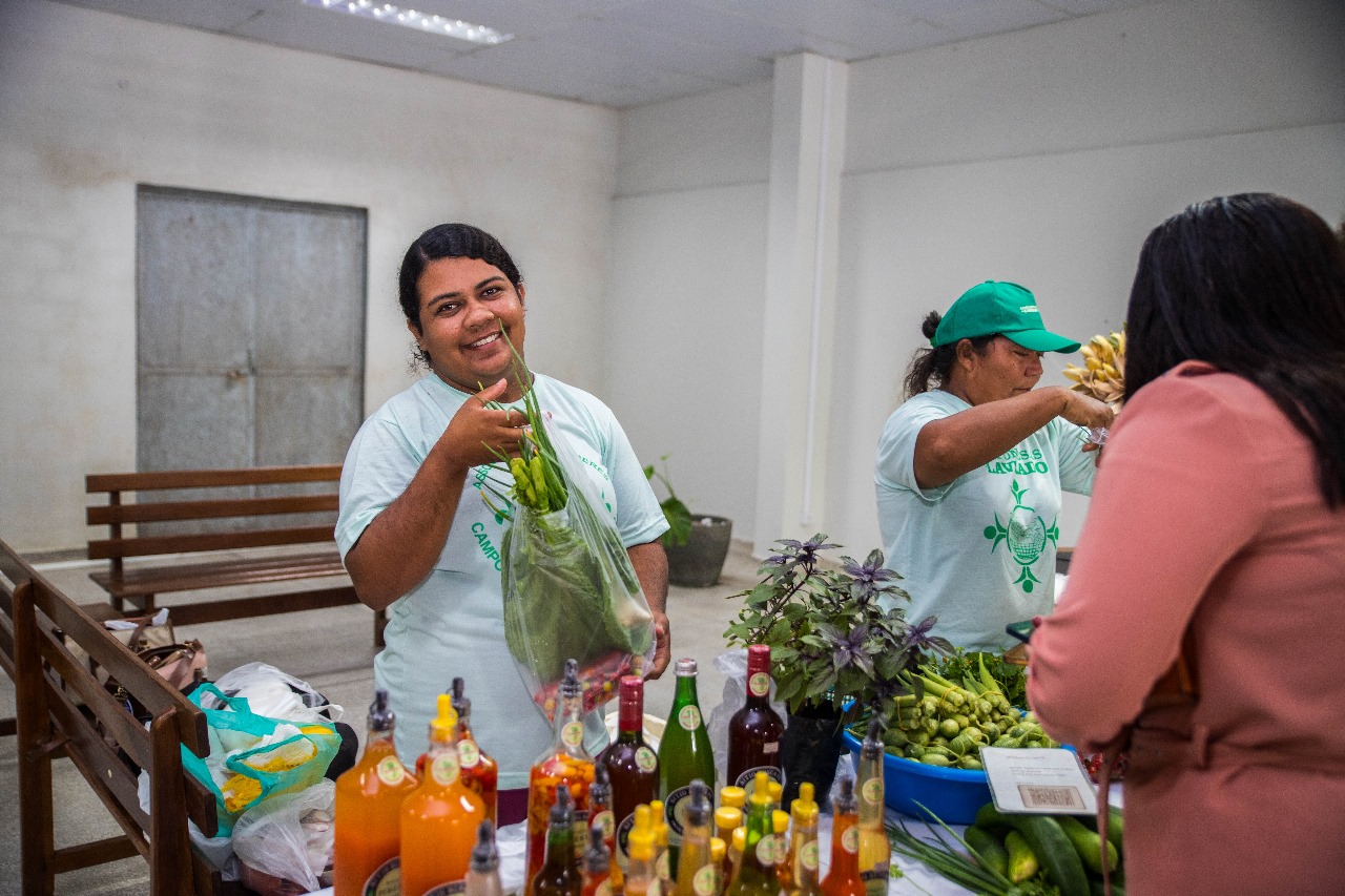 Foto colorida mostra uma feira, com duas mulheres vendendo produtos artesanais e orgânicos, como vegetais frescos, licores, azeites aromatizados e possivelmente pães ou bolos