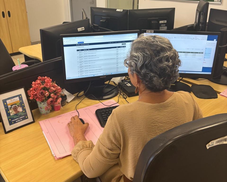A imagem colorida mostra uma mulher de cabelos grisalhos, vista de costas, sentada em uma cadeira de escritório e trabalhando em uma mesa com múltiplos monitores de computador. Ela está usando uma blusa bege de mangas compridas e brincos dourados. À sua frente, há dois monitores principais mostrando interfaces de software com tabelas e texto, sugerindo que ela está trabalhando com dados ou aplicativos de computador.