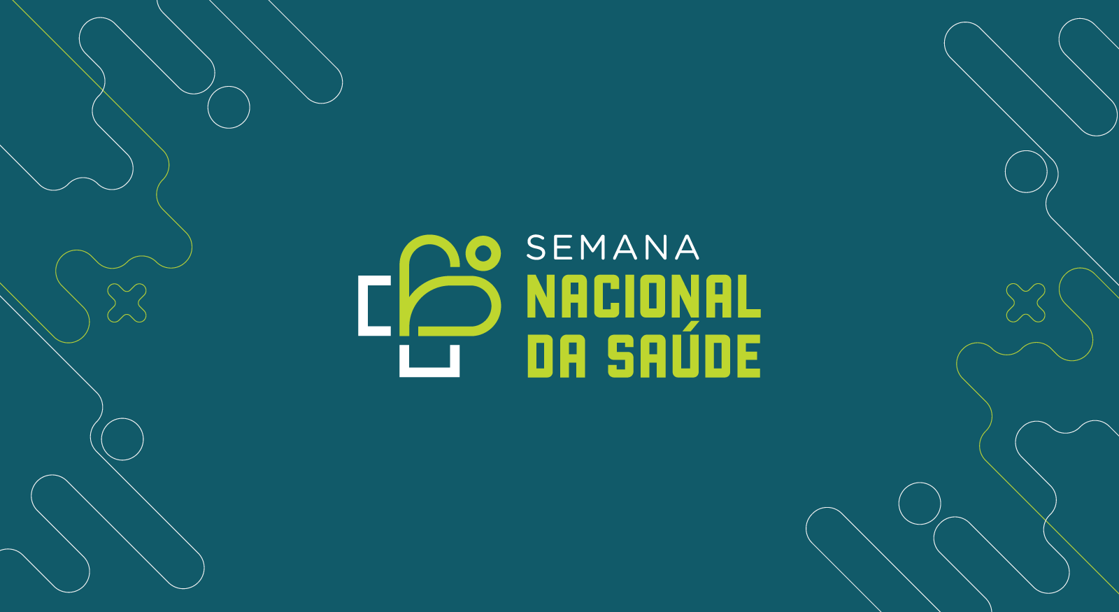 A imagem apresenta um design gráfico com um fundo azul esverdeado vibrante. No centro, o texto "SEMANA NACIONAL DA SAÚDE" é exibido em letras maiúsculas brancas, com a palavra "SAÚDE" em destaque em amarelo. Um símbolo, representando uma cruz médica ou um "+", com elementos arredondados e cores contrastantes (branco e amarelo), está posicionado à esquerda do texto. A imagem apresenta um design gráfico com um fundo azul esverdeado vibrante. No centro, o texto "SEMANA NACIONAL DA SAÚDE" é exibido em letras maiúsculas brancas, com a palavra "SAÚDE" em destaque em amarelo. Um símbolo, representando uma cruz médica ou um "+", com elementos arredondados e cores contrastantes (branco e amarelo), está posicionado à esquerda do texto.