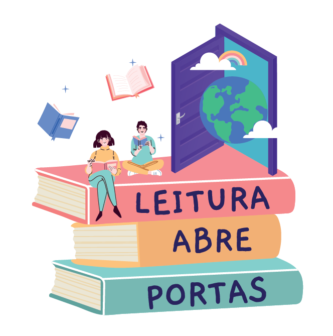 Logotipo do projeto "Leitura Abre Portas". O desenho mostra uma pilha de três livros grandes coloridos (rosa, laranja e verde-água). Sobre eles, um jovem e uma jovem estão sentados lendo, e há outros livros flutuando ao redor. Ao lado da pilha, uma porta roxa está aberta, revelando um fundo azul-turquesa, uma nuvem, um arco-íris e o desenho do planeta Terra. As palavras "LEITURA ABRE PORTAS" estão escritas nas lombadas dos livros