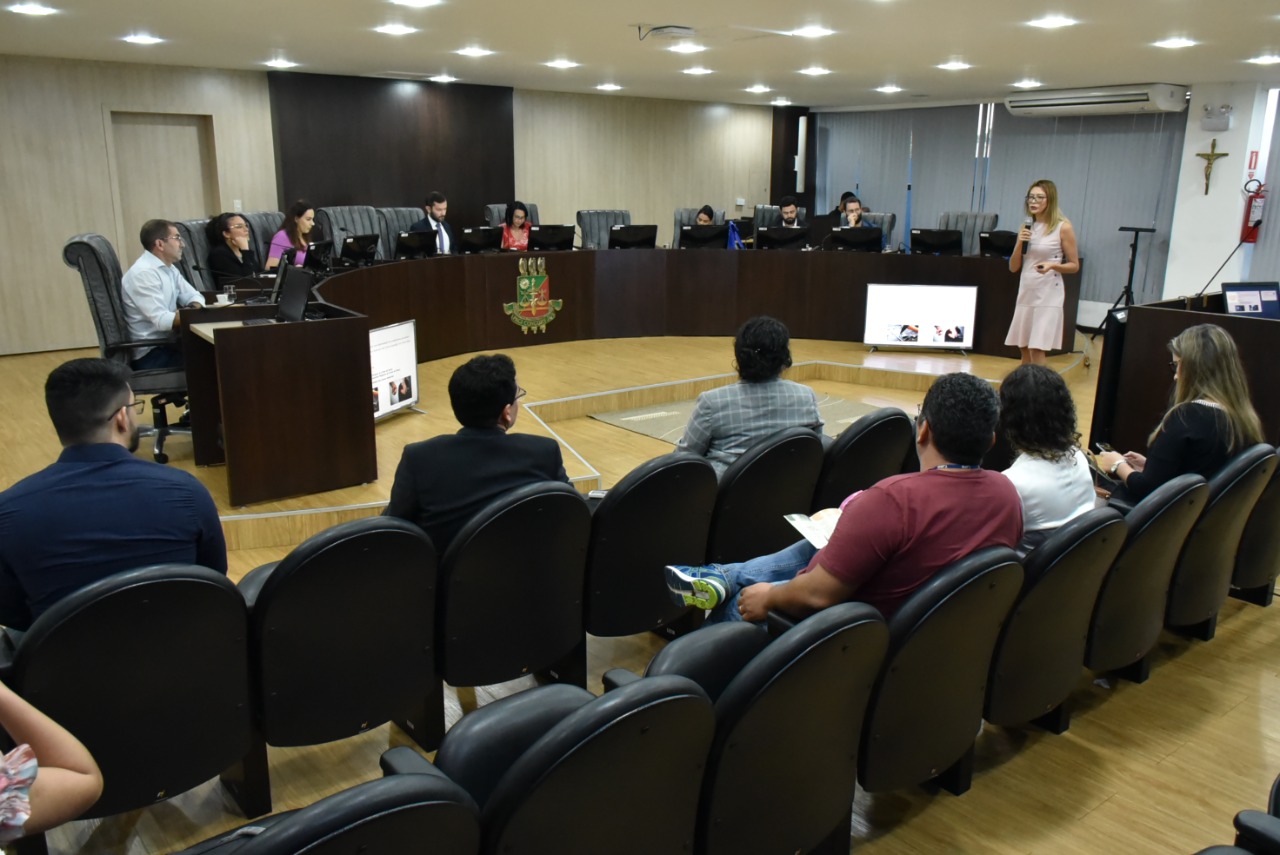 Servidora do TJ, uma mulher de meia idade e cabelos claros, vestida com um vestido bege abaixo do joelho, apresenta um projeto, com apoio de dois telões, a 8 jurados sentados no pleno, perante uma pequena plateia. 