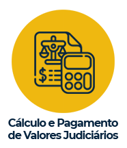 Ícone com circulo em amarelo com desenho de uma calculadora e texto em azul escuro