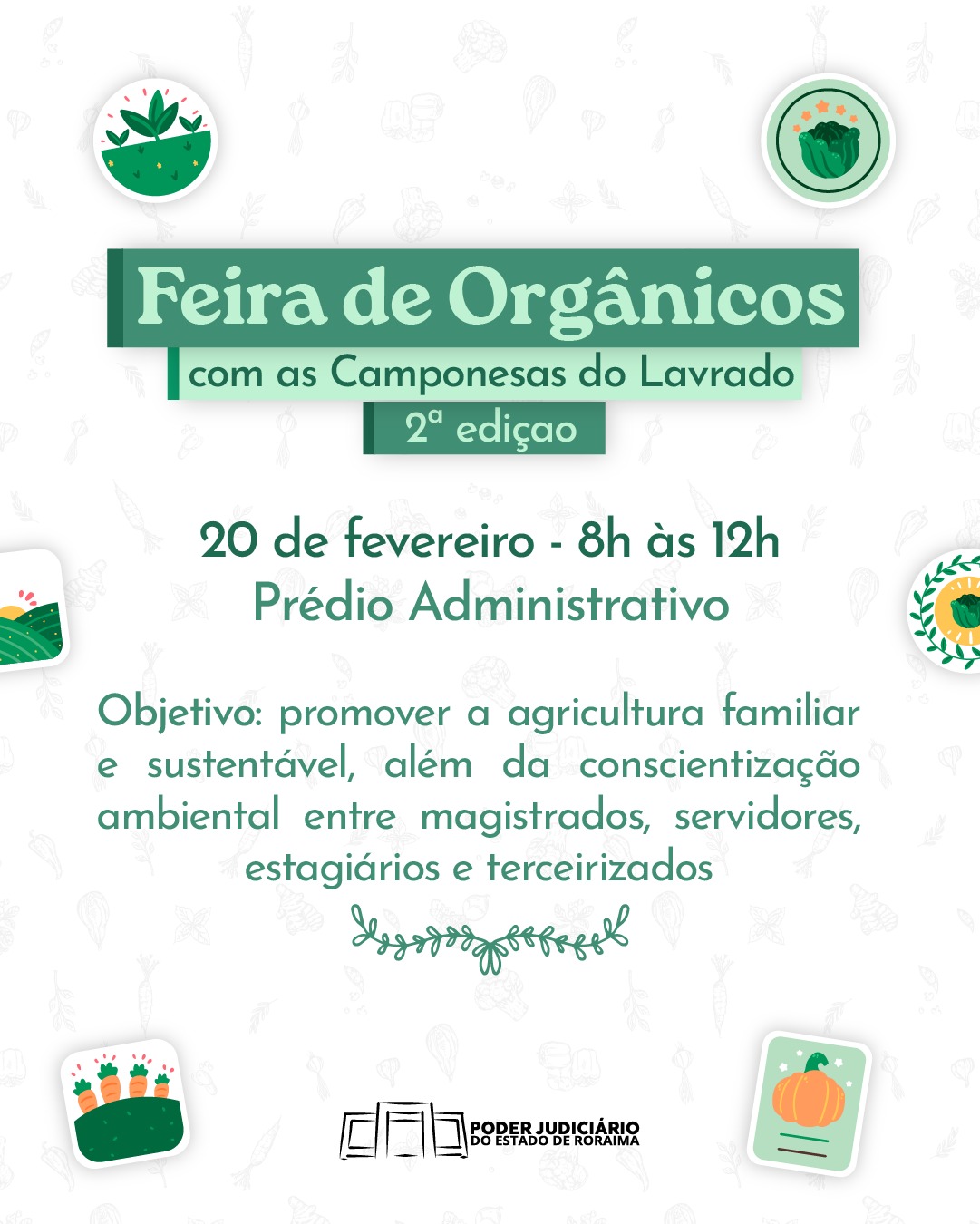 card escrito o local e o objetivo da feirinha em cor verde 