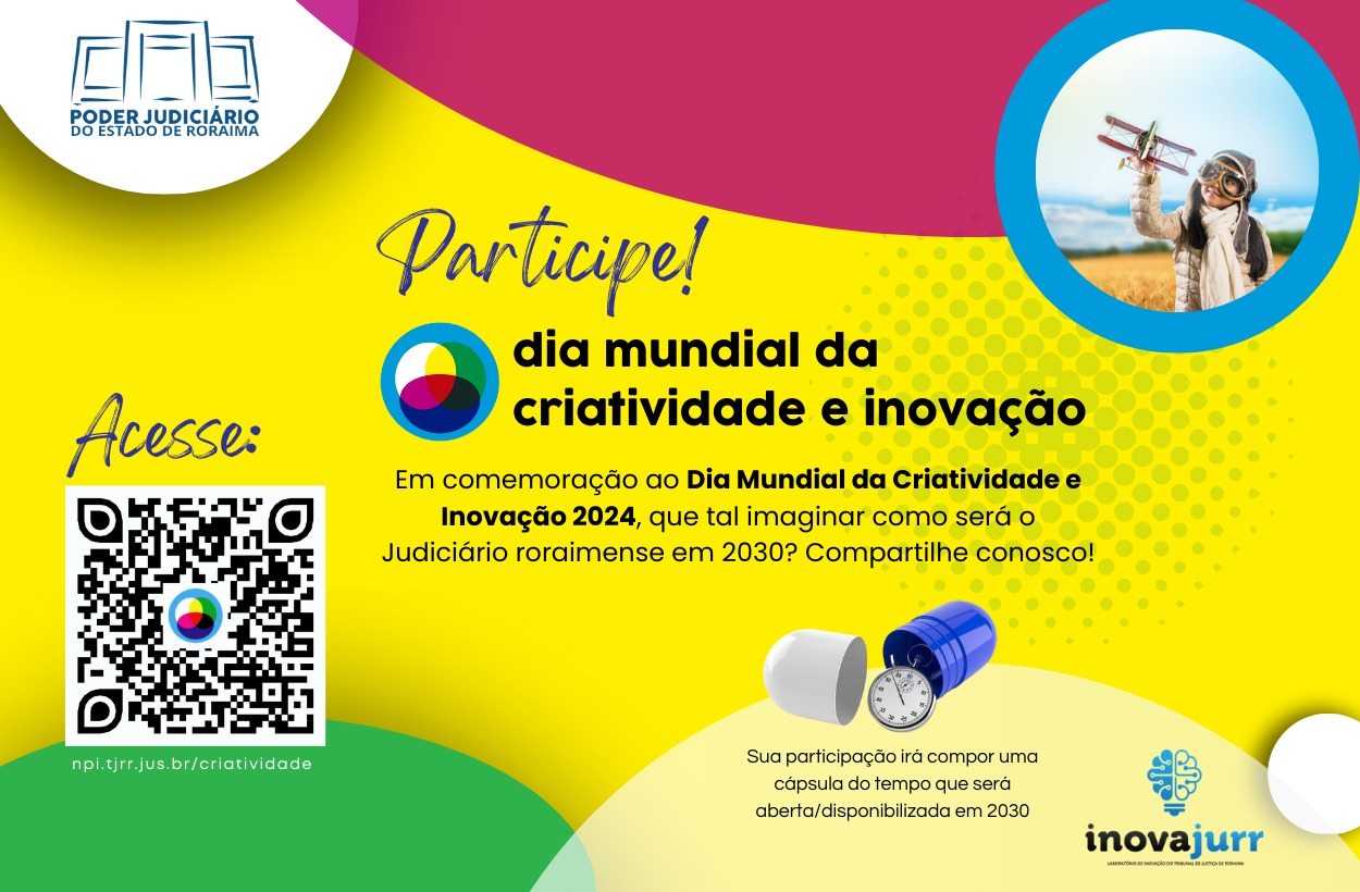 foto colorida de um cartaz que anuncia a participação em um evento relacionado ao Dia Mundial da Criatividade e Inovação 2024. No canto superior a uma imagem de uma criança segurando um avião de brinquedo.
