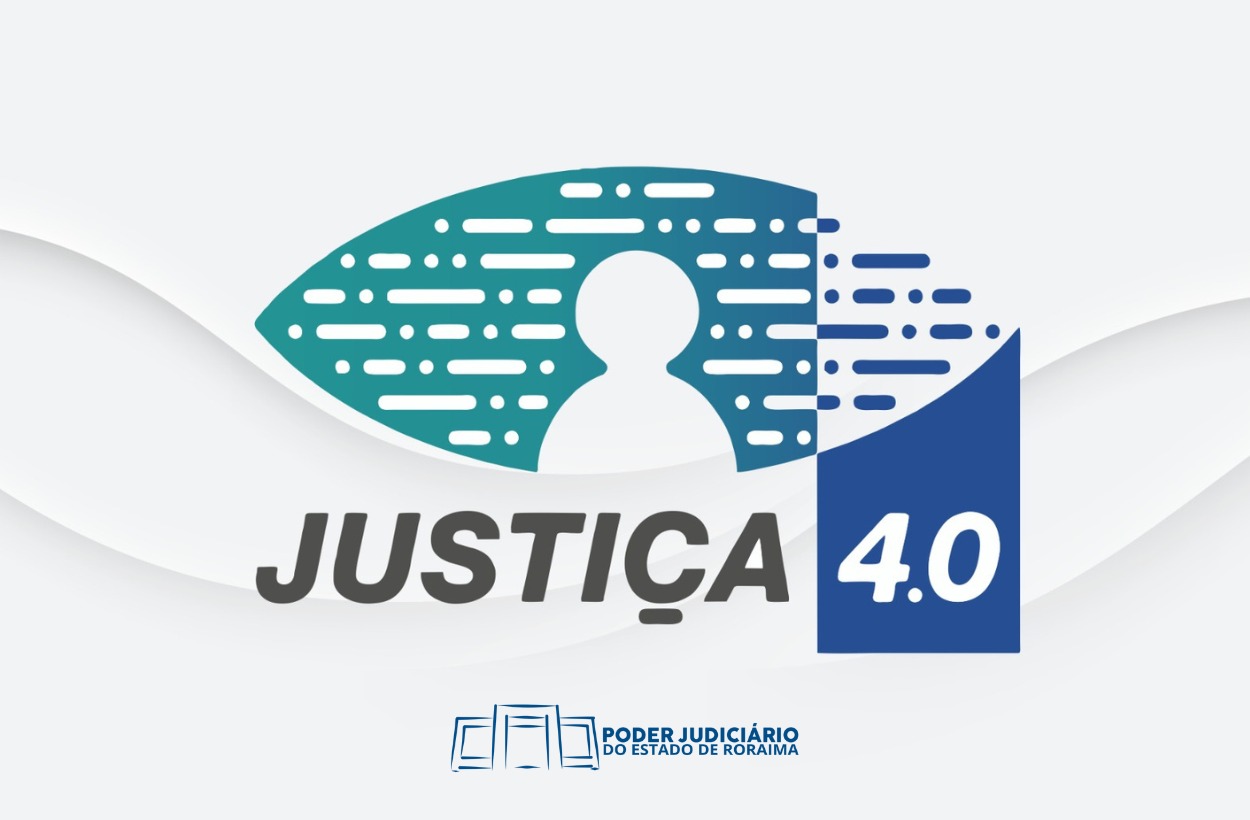 imagem ilustrativa de fundo branco que inclui um elemento gráfico com um ícone de pessoa estilizado e linhas que remetem a tecnologia e inovação. Abaixo está o título "Núcleos de Justiça 4.0 aprimoram a prestação jurisdicional em Roraima"
