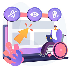 Personagem em uma cadeira de rodas em um cenário de comunicação digital