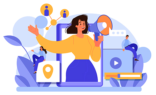 Personagem com um megafone em um cenário de comunicação em mídias digitais