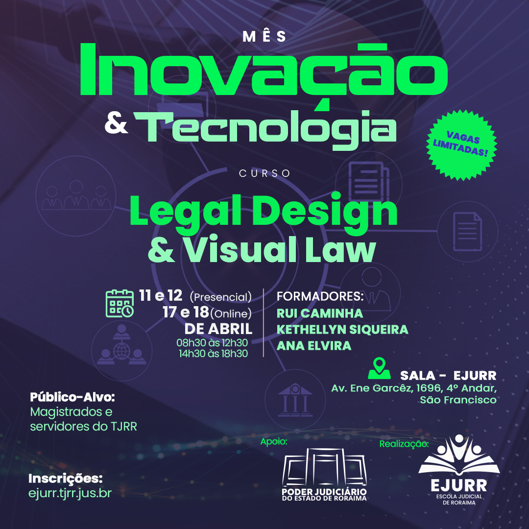 Imagem colorida mostra card de divulgação, com o nome do curso "Legal Design e Visual Law".