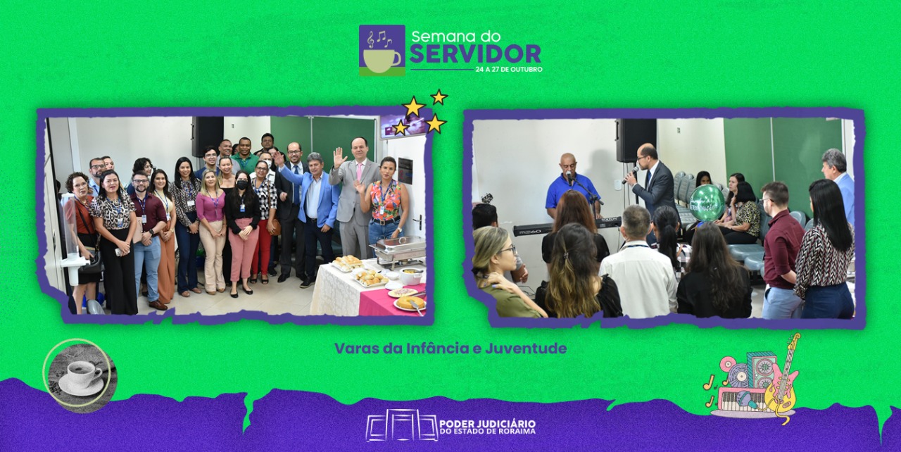 Imagem colorida ilustrativa em formato retangular com o fundo verde na parte superior e azul escuro na parte inferior, mostra uma foto com os com magistrados, magistradas, servidores, servidoras, terceirizados, terceirizadas, estagiários e estagiárias das Varas da Infância e Juventude juntamente com o presidente, desembargador Cristóvão Suter pousando para a foto e a segunda foto mostra a apresentação dos magistrados no pocket show sendo prestigiados pelos participantes do evento. Na parte inferior da imagem está o nome do prédio "Fórum Criminal Ministro Evandro Lins e Silva” e o logotipo do TJRR na cor branca.