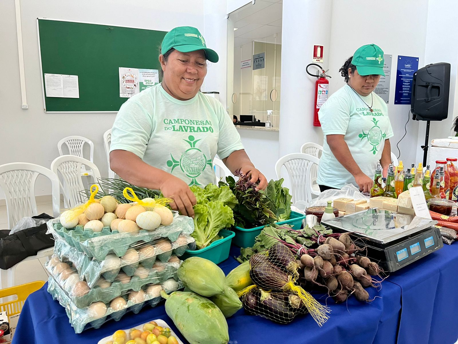 Foto colorida mostra duas representantes da Associação Camponesas do Lavrado realizando atendimentos atrás de uma mesa com produtos orgânicos.