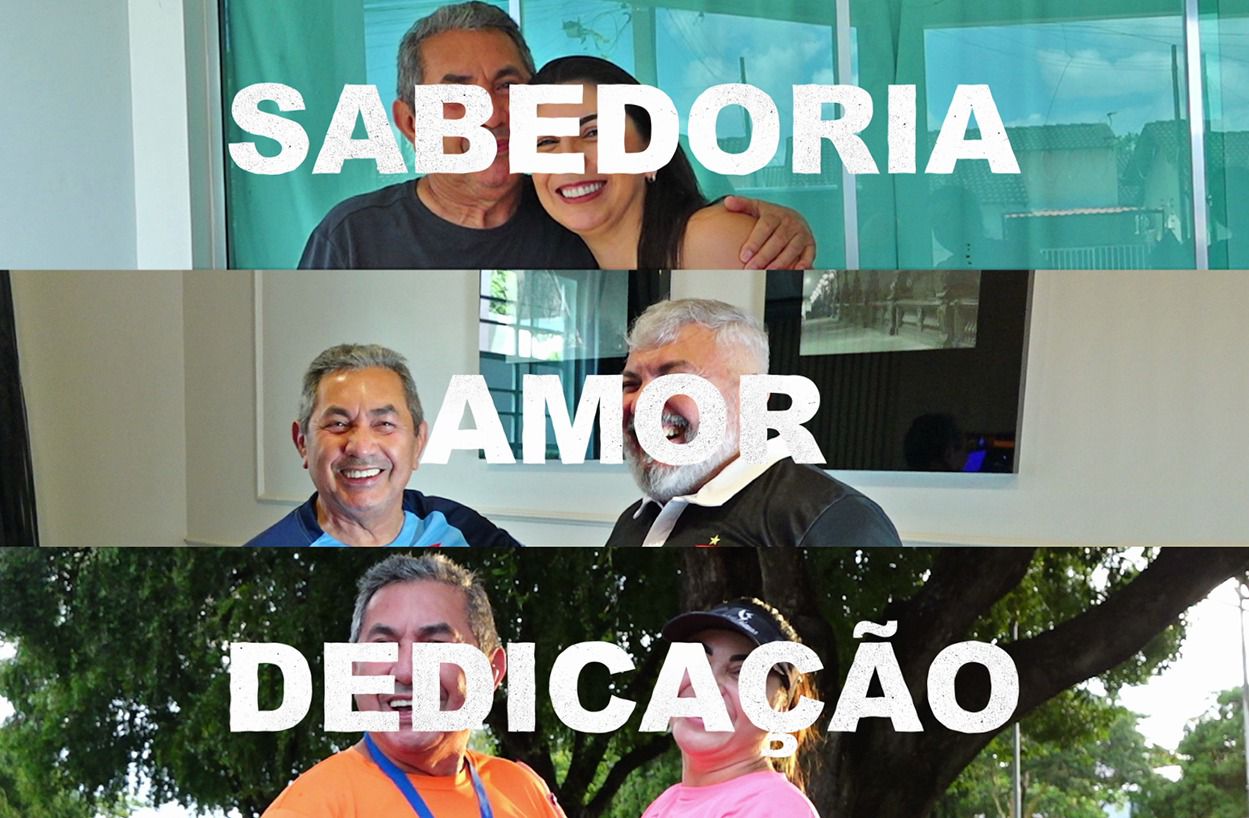 Colagem de fotos coloridas mostra três fotos de um pai com seus filhos. Em cada foto está escrito uma palavra, "Sabedoria", "Amor" e "Dedicação"