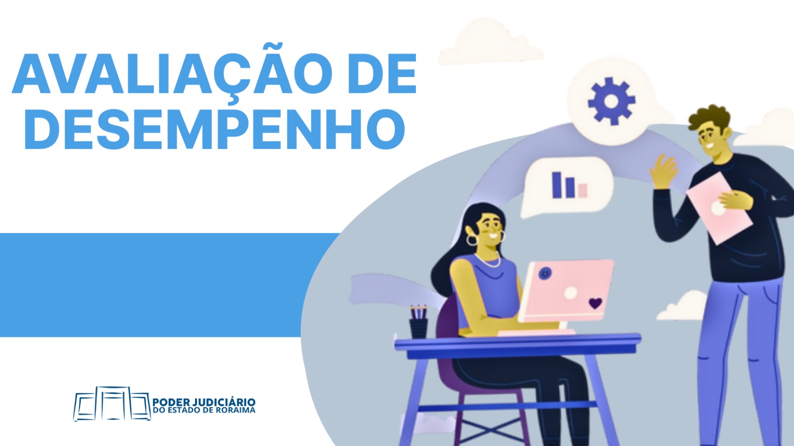 card de divulgação escrita "avaliação de desempenh"o e ao lado direito há desenhos de duas pessoas