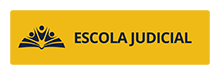 Botão com fundo amarelo, logomarca e o texto Escola Judicial